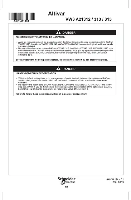 schneider施耐德Instruction Sheet ATV21 Warning Option Card
